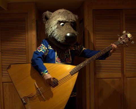 www.barynya.com Russian Bear Mascot Costume Character plays Balalaika Contrabass
