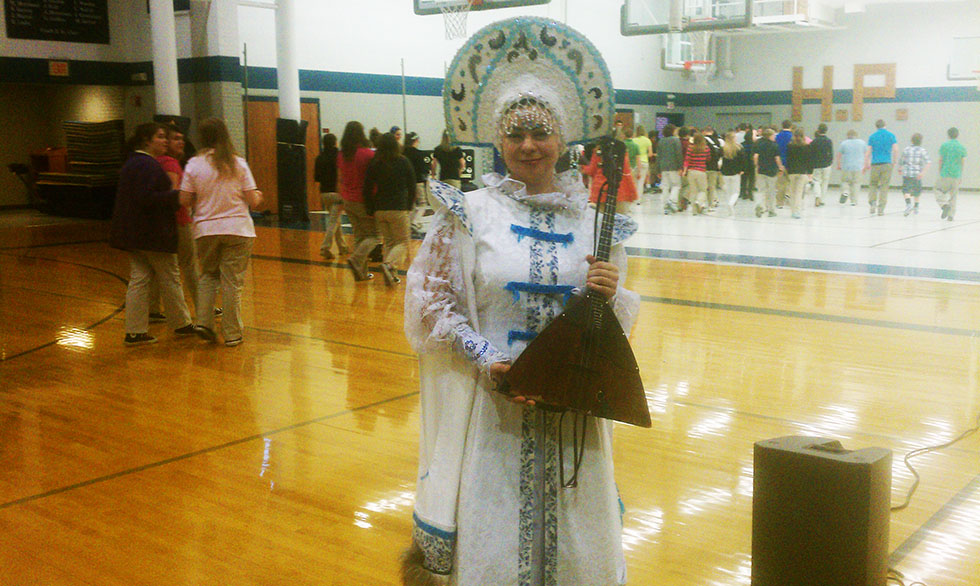 Multicultural School Assembly, Barynya Trio, Helfrich Park Middle School, Evansville, IN, Russian dancers, musicians, singers, balalaika, garmoshka, costumed characters, multicultural school assembly in Indiana, Russian song dance and music trio Barynya, Evensville, Indiana, Friday November 1st 2013, 11-01-2013, Helfrich Park Middle School 2603 W Maryland Street Evansville IN 47712