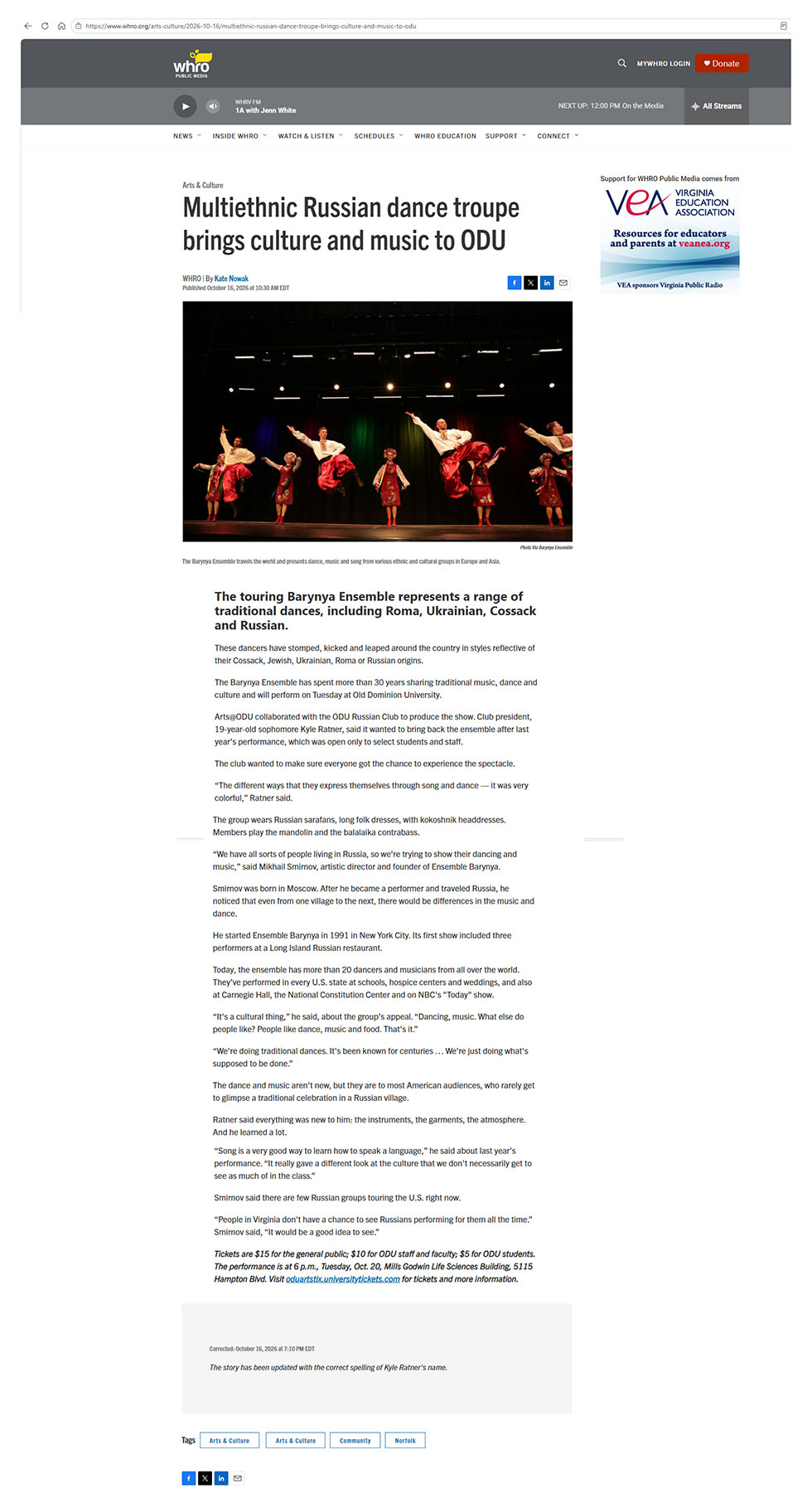 Ensemble Barynya performance at Old Dominion University, Norfolk, Virginia on Tuesday, October 20, 2026, 6pm, Article by Kate Nowak, Categories: Arts & Culture