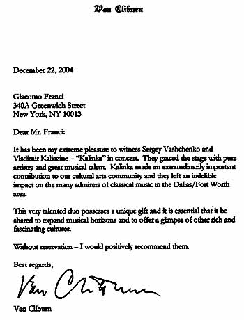 letter recomendation from Van Cliburn