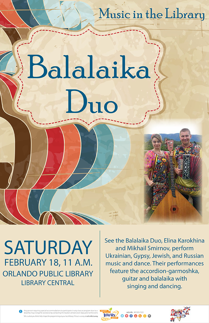 Russian Balalaika Duo, Mikhail Smirnov, Elina Karokhina, Orlando, Florida, February 18-2017, Orlando Public Library
