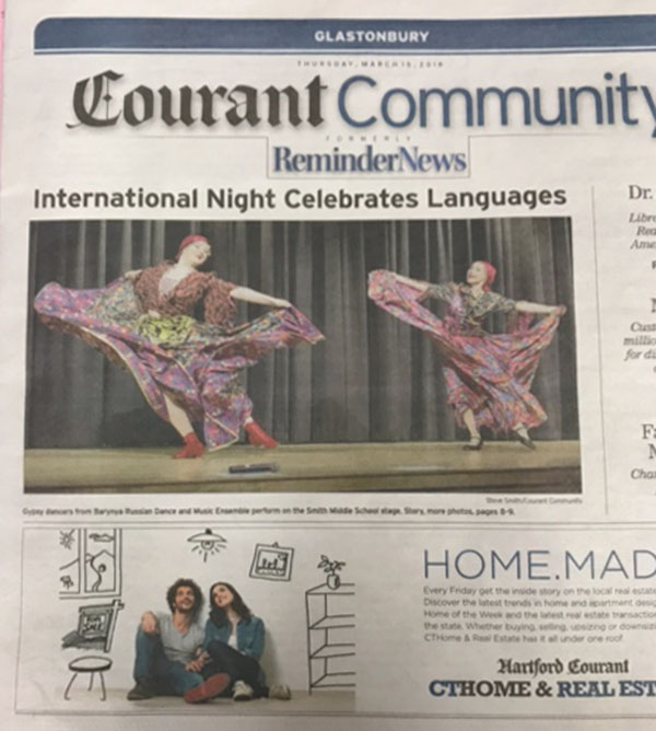 Barynya dancers Olga Chpitalnaia and Simona Zhukovski on the front page of The Hartford Courant, Hartford, Connecticut, March 19th, 2018.  Photo by Steve Smith