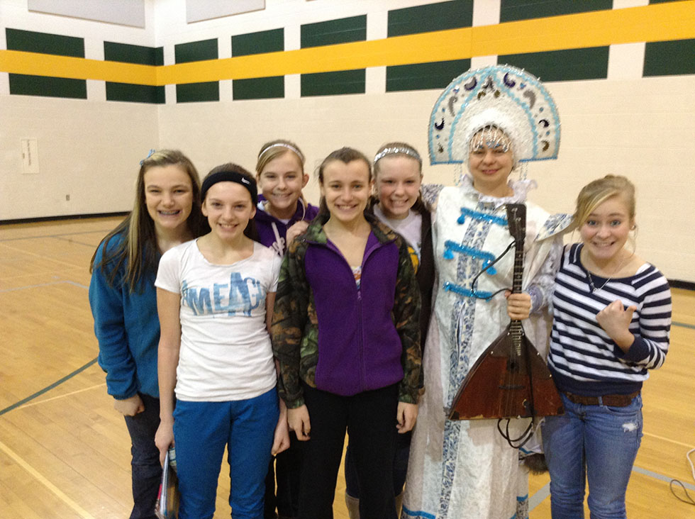 02-04-2013, Monday February 4 2013 9:30am, Colby Middle School, Colby, Wisconsin, Colby Middle School North 2nd Street Colby, WI 54421, Mikhail Smirnov, Olena Malinina, Elina Karokhina, Russian dancers, Russian musicians, Russian singers, Balalaika, Garmoshka, Russian music, Russian dances, Russian songs, Ensemble Barynya, Barynya Trio, Multicultural School Assembly