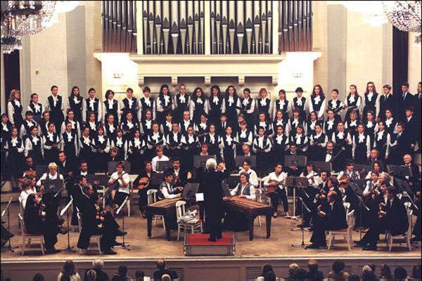 The Andreev State symphonic balalaika orchestra performing with Children's choir of TV and radio of St.Petersburg