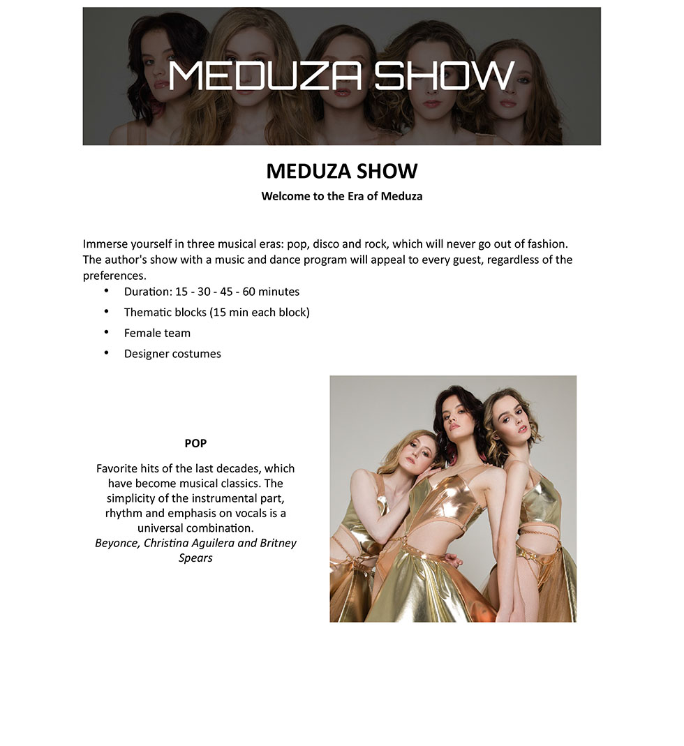 Meduza, team of beautiful female singers and dancers for events in New York, New Jersey, Pennsylvania, Connecticut, and other states