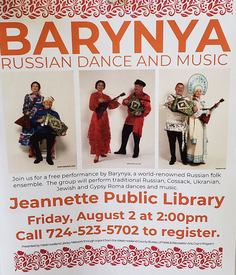 Elina Karokhina, Mikhail Smirnov, Barynya Balalaika Duo public performance at the Jeannette Public Library, 500 Magee Avenue, Jeannette, PA 15644 on Friday, August 2nd, 2019, 2pm