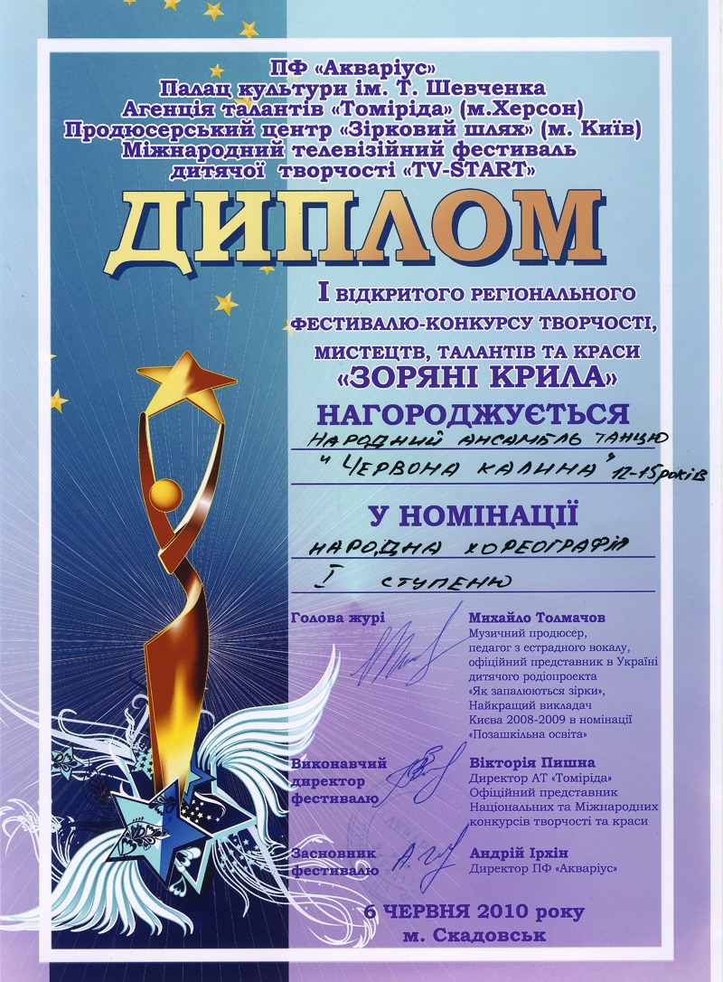 Diploma for Ukrainian, Cossack, Russian dancer Olga from Toronto Canada