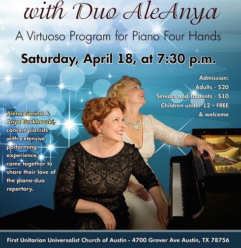 Duo AleAnya at the First Unitarian Universalist Church of Austin, 4700 Grover Ave, Austin, Texas  78756 on Saturday, April 18